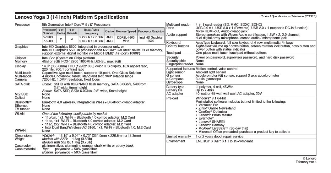 Lenovo Yoga 3 14 Platform Specifications